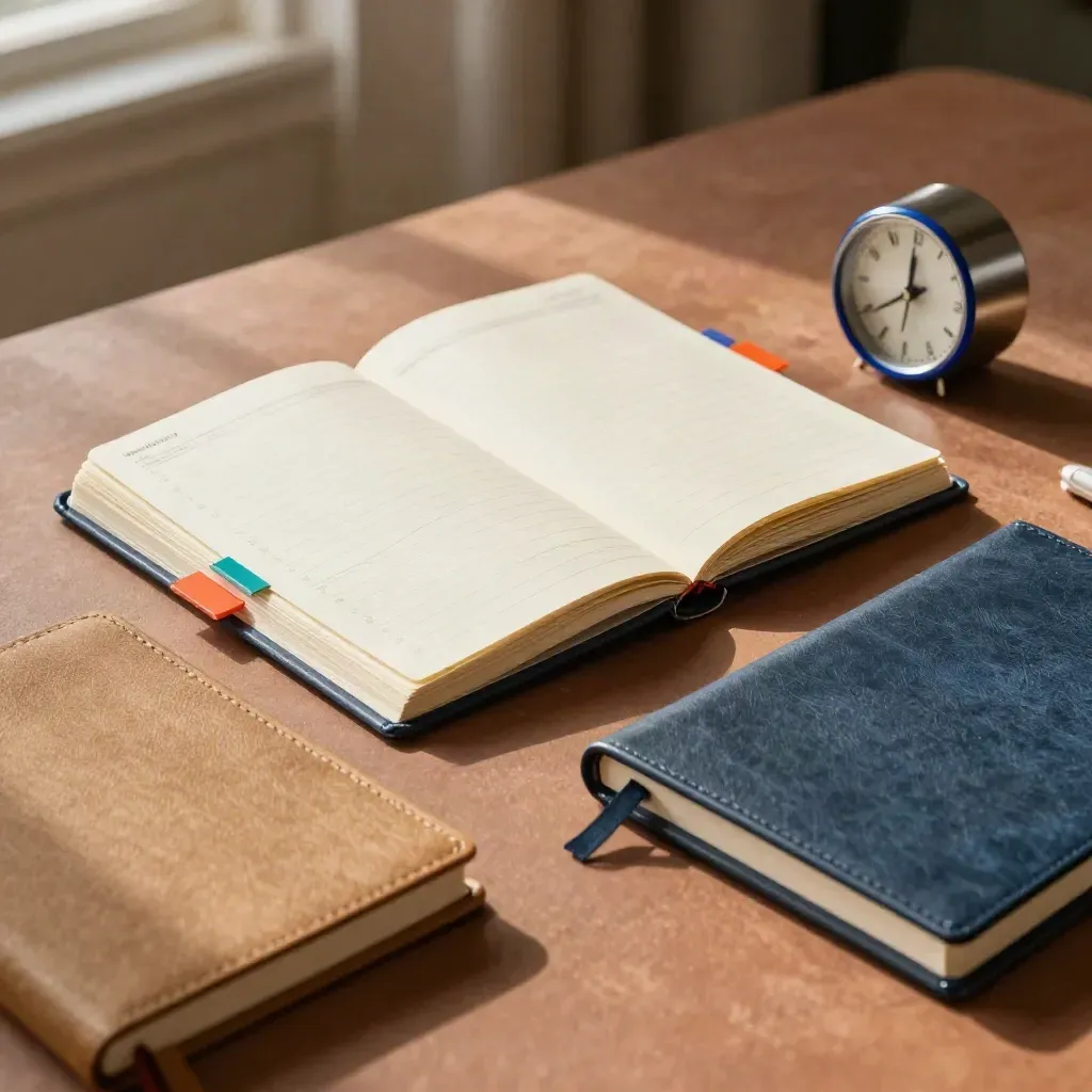 Wochenplan mit Tabs, Timer und zwei Notizbüchern auf warmem Studiotisch.