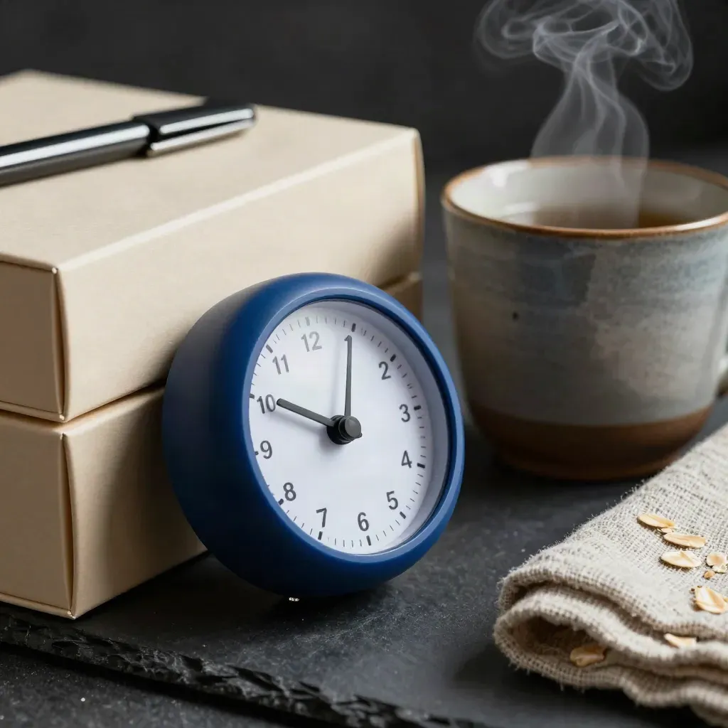 Pomodoro-Timer, Karteiboxen, Teetasse und Leinentuch auf Schiefer im dramatischen Licht.