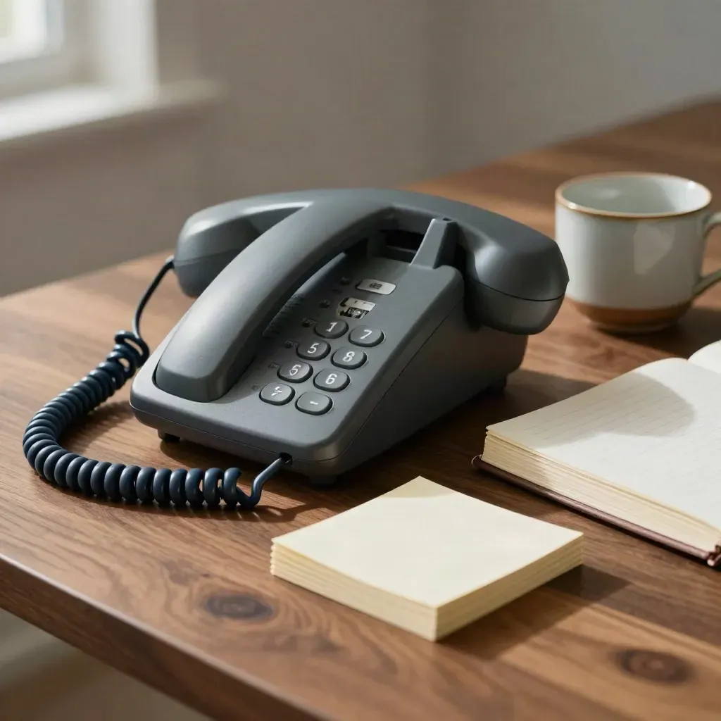 Schreibtischszene mit Telefon, Karten, Notizbuch und Tasse auf Walnussholz.