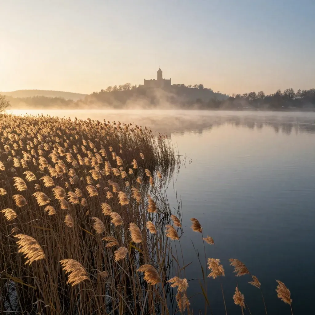 Morgendliche Seenlandschaft in Brandenburg mit Schilf, Nebel und ferne Schloss-Silhouette.