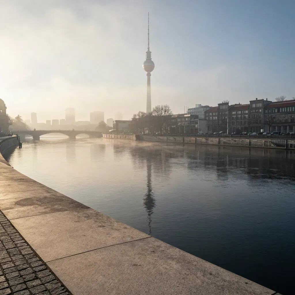 Berliner Skyline mit Fernsehturm und Spree im Morgendunst, ruhig und weit für Text.