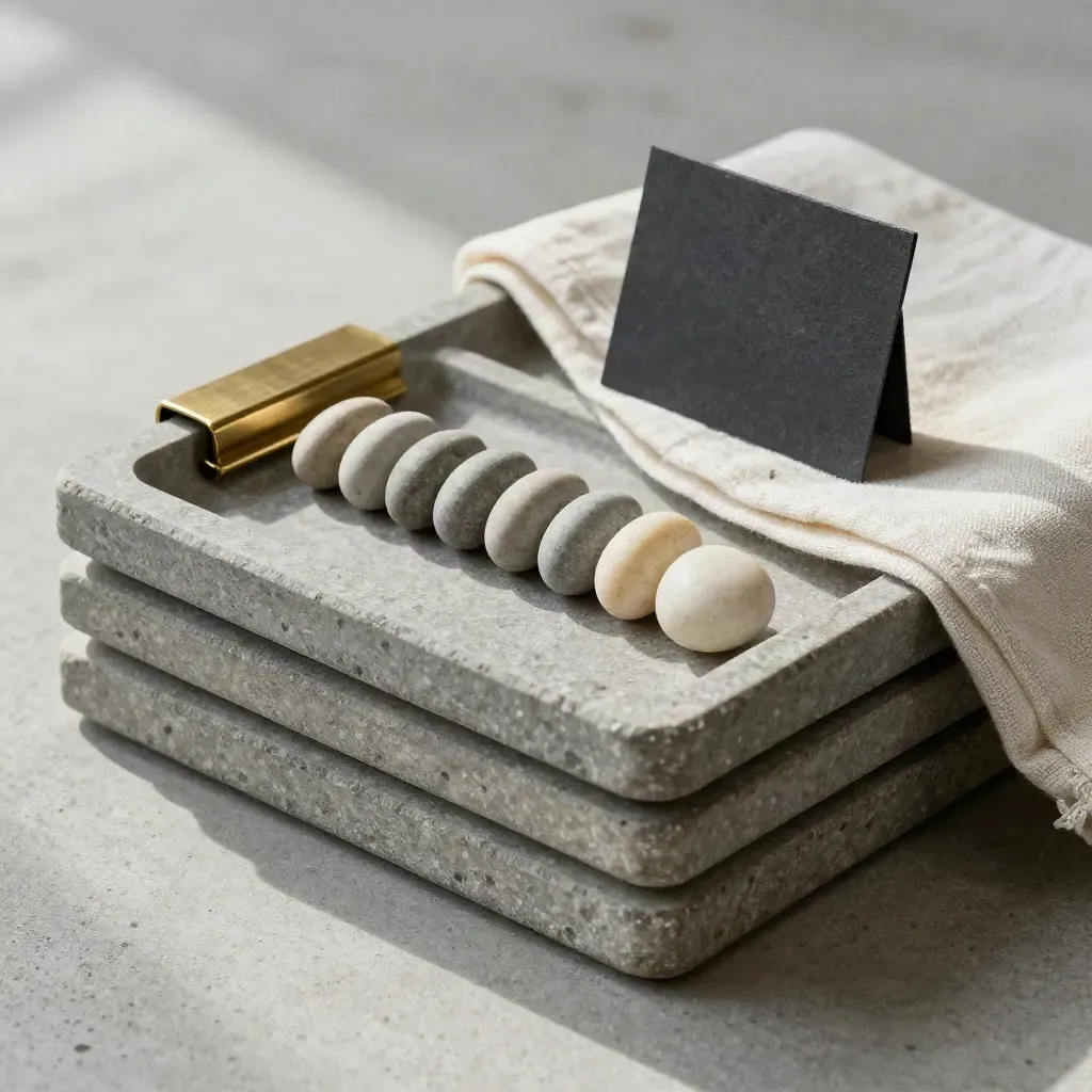 Check-Trays mit Steinmarkern, Messingklammer und Leinentuch auf hellem Beton.