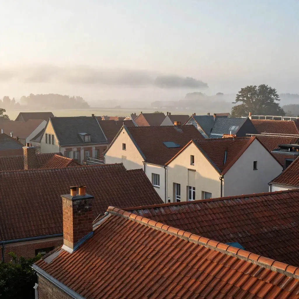 Breite deutsche Dachlandschaft im Morgennebel mit ruhiger Fläche für Text