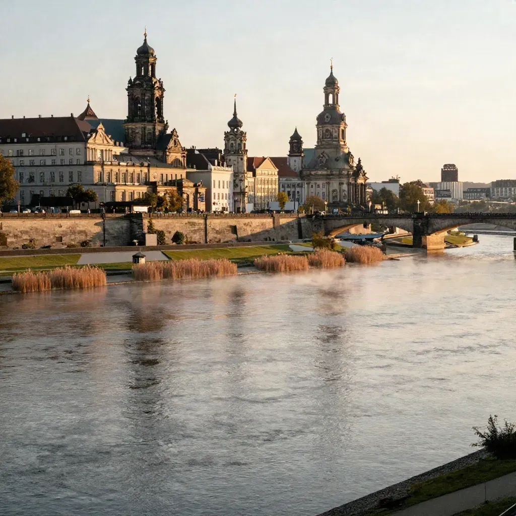 Dresdner Elbtal mit Brückensilhouetten und warmem Goldlicht über dem Fluss