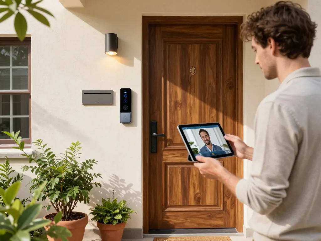 Goliath Türsprechanlage, präsentiert am modernen Hauseingang, mit einem Hausbesitzer, der ein Tablet für die Video-Kommunikation verwendet.