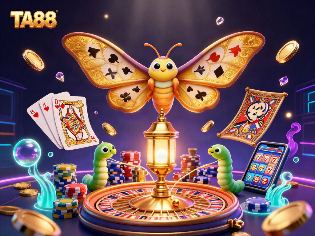 Experience the thrill of TA88 with a vibrant 3D illustration featuring the excitement of casino games.