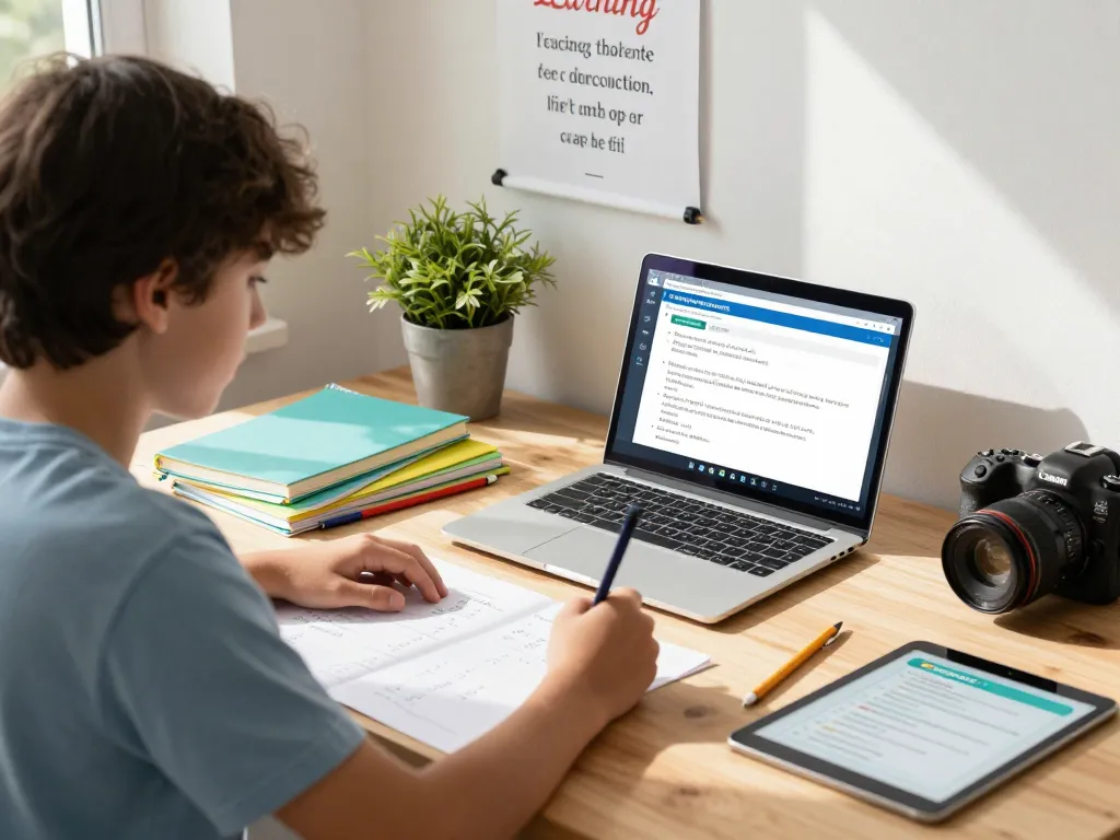 Student nutzt Technologie, um Hausaufgaben effizient in einem gemütlichen Arbeitszimmer zu lösen.