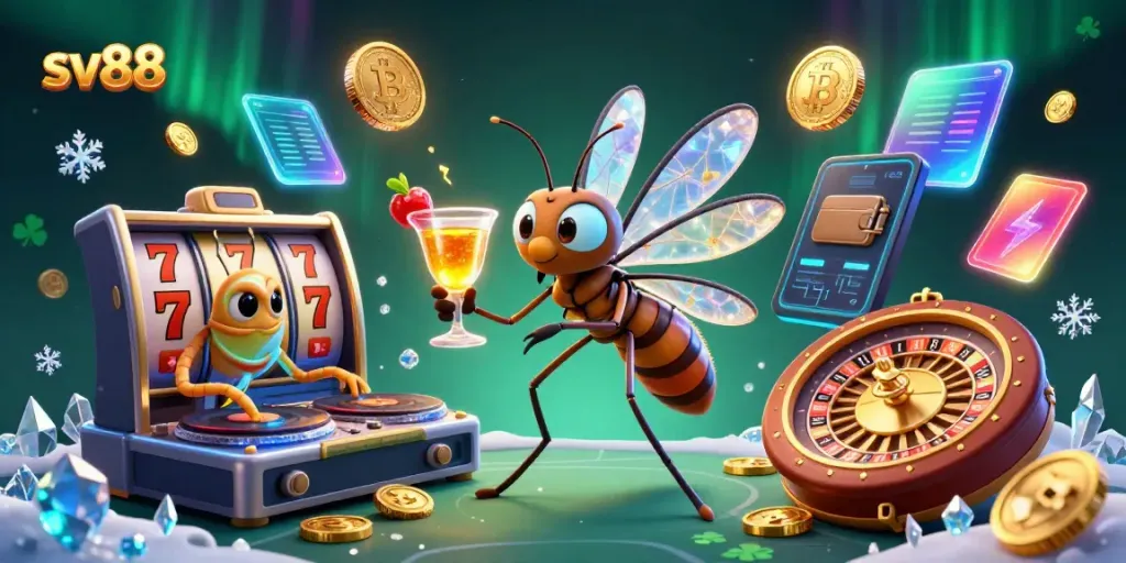 Engage with sv88's casino world featuring vibrant characters, golden cocktails, and lively gaming elements.