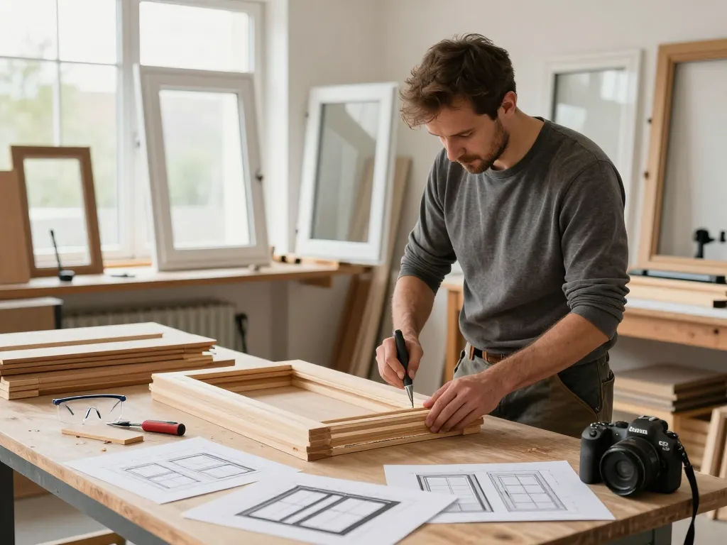 Handwerker formt Holzfensterrahmen für den Fensterbau in einer sonnenbeschienenen Werkstatt.
