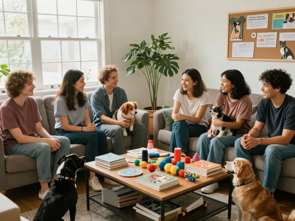 Community members sharing pet care tips with rokok88 in a cozy living room.