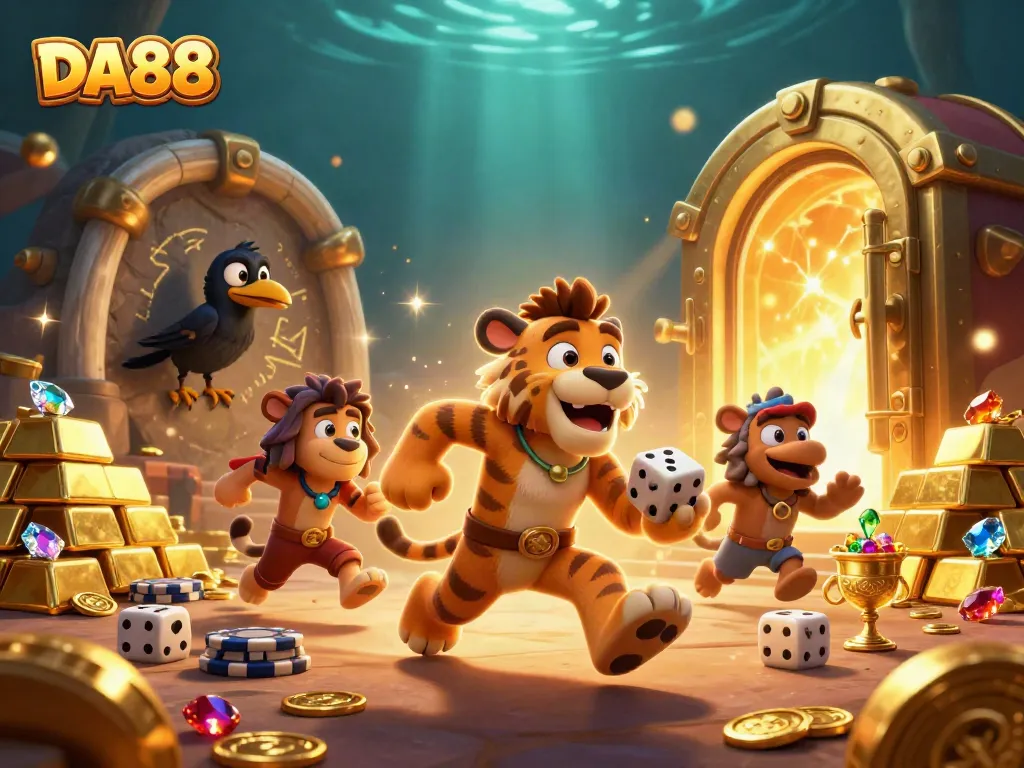Join DA88's thrilling gambling adventure with vibrant characters in a prehistoric casino atmosphere.