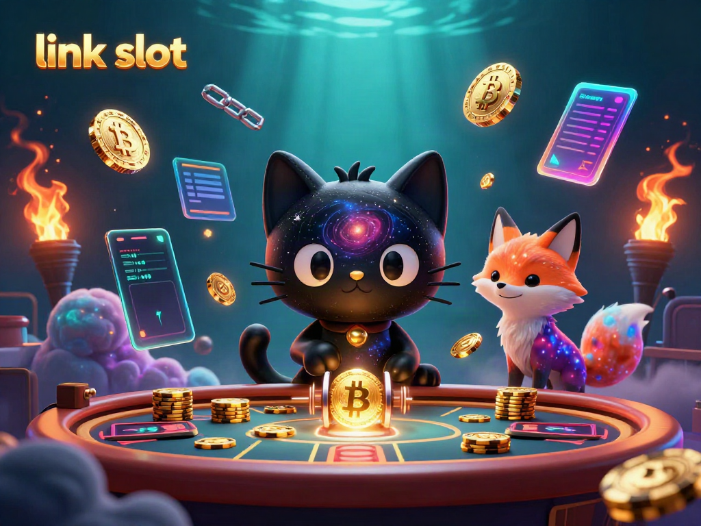Experience the excitement of link slot with 3D casino characters and glowing crypto coins.