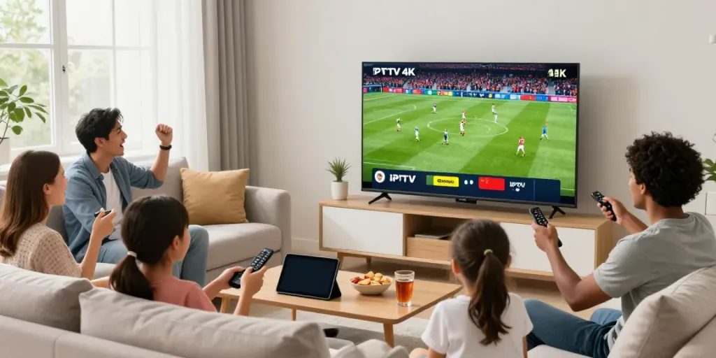 Family enjoying IPTV Deutschland streaming a live soccer match in their cozy living room
