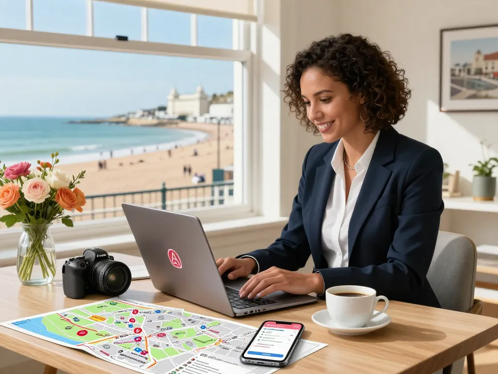 Airbnb management Brighton scene with a property manager reviewing stylish listings and local maps.