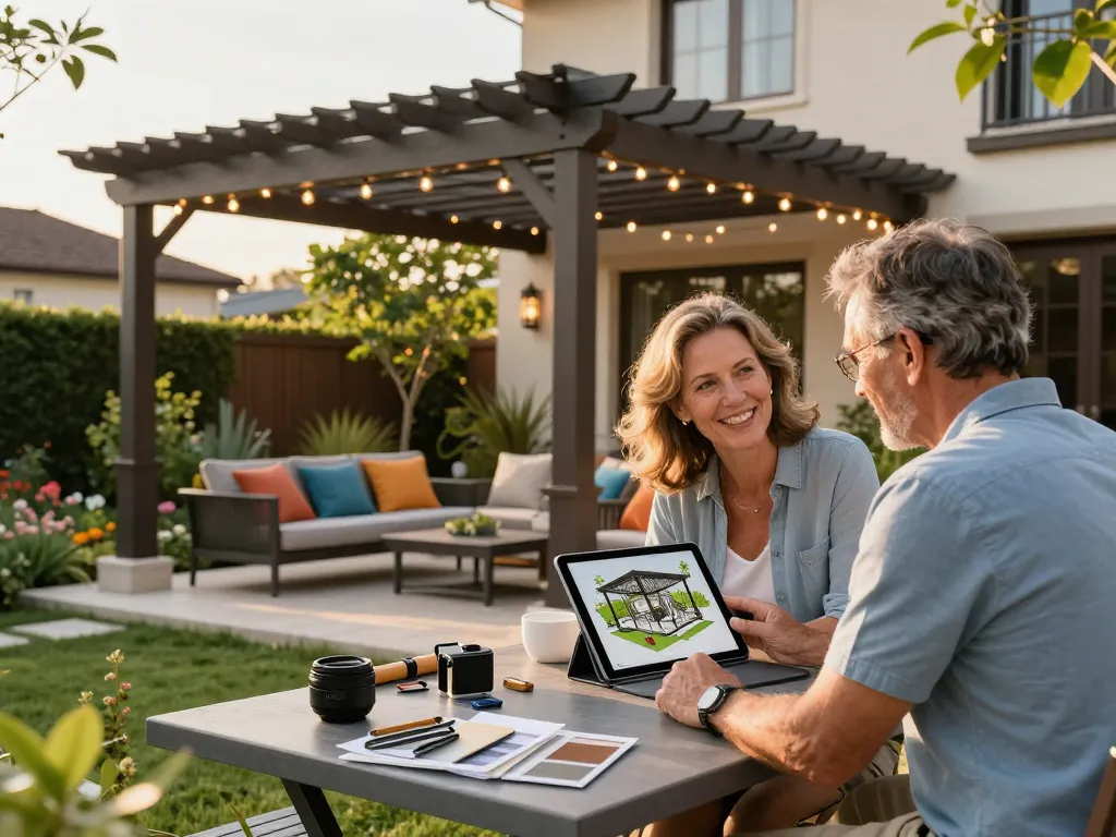 Software für Pergola-Installateure, während ein Paar ein individuelles Pergoladesign mit einem Tablet in einem schönen Garten erkundet.