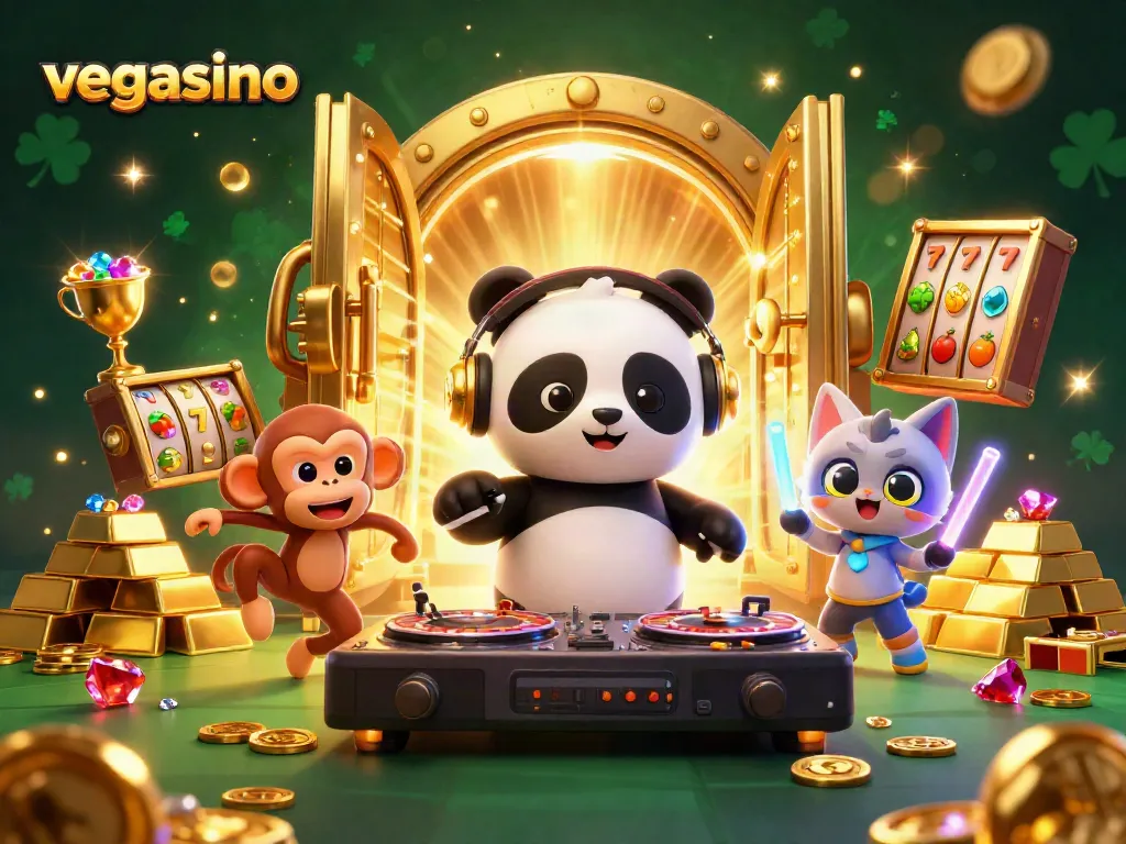 Spin to win big at vegasino with vibrant characters and abundant treasure in a lively casino scene.