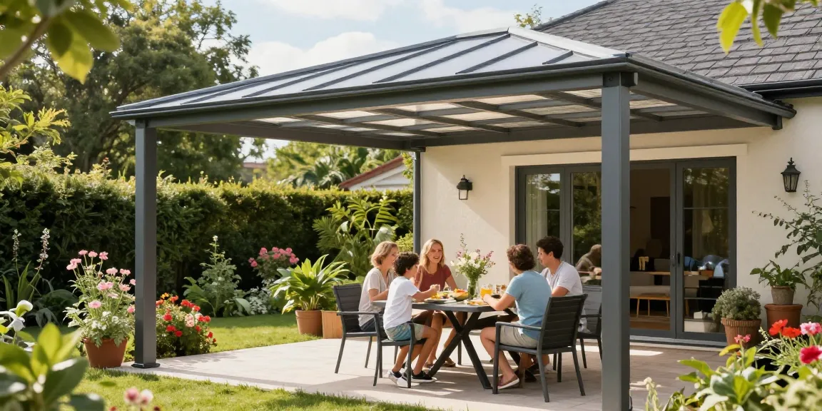 Moderne Terrassenüberdachung im Garten mit Familie beim Essen, sonnige Atmosphäre, lebendige Farben.