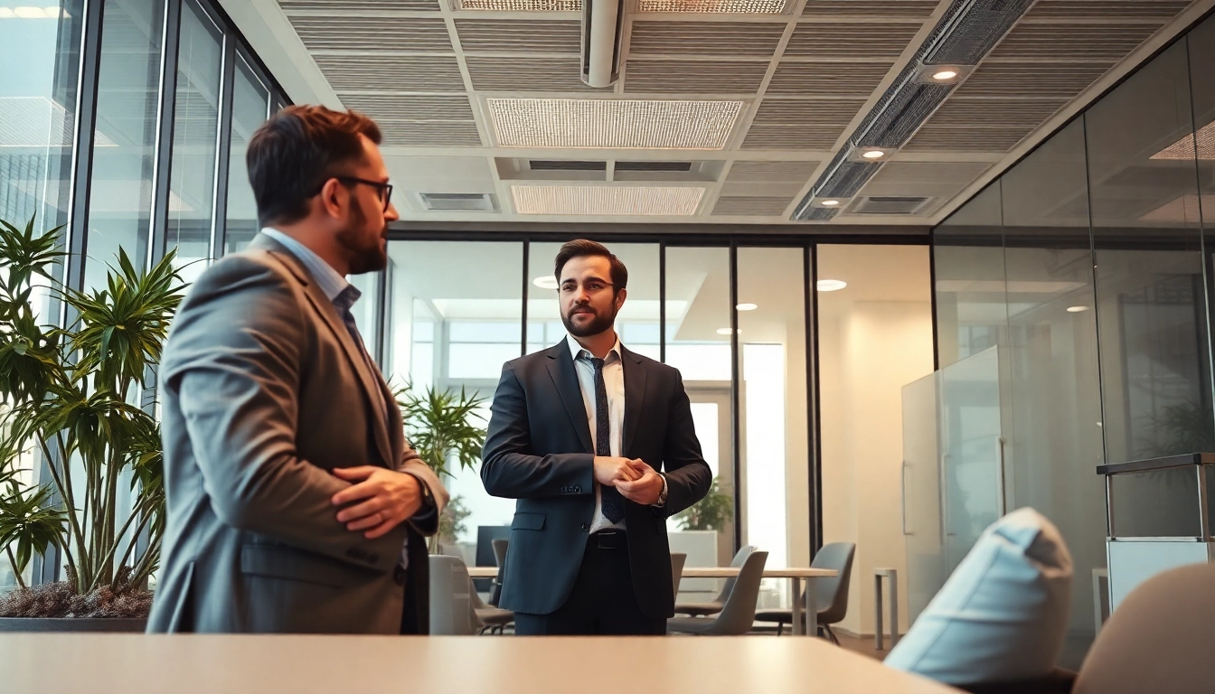 Unternehmensberatung in einem modernen Büro, wo ein Berater mit einem Klienten Lösungen entwickelt.