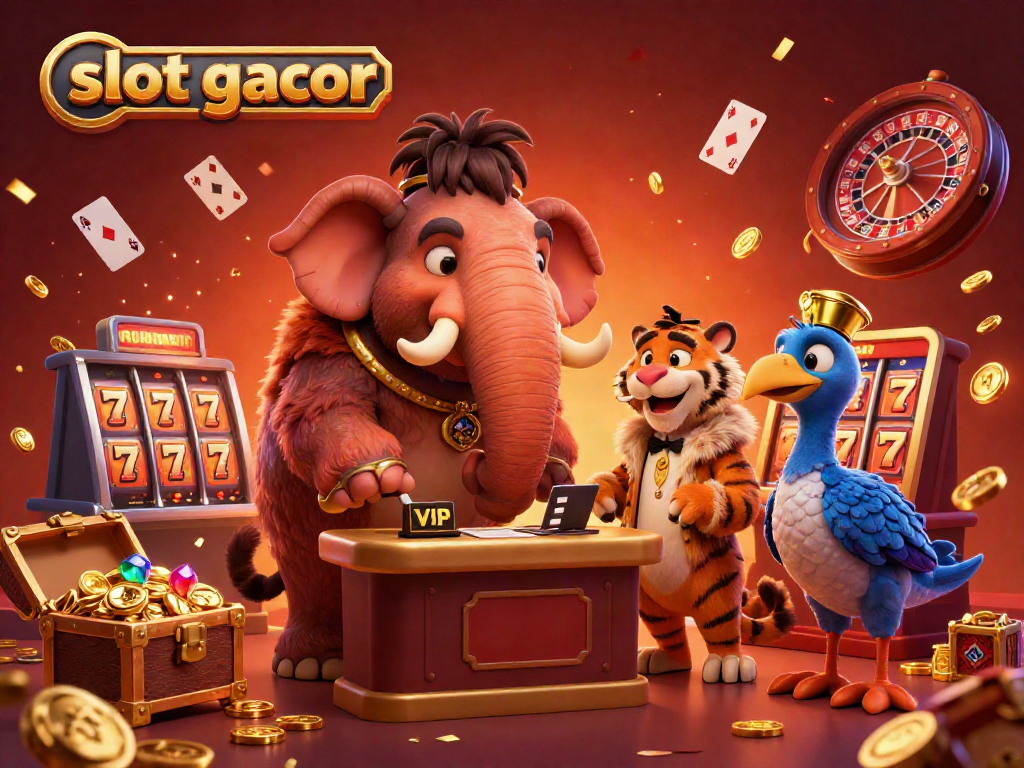 Experience excitement with slot gacor scene featuring a mammoth bouncer, saber-tooth VIP, and festive atmosphere.