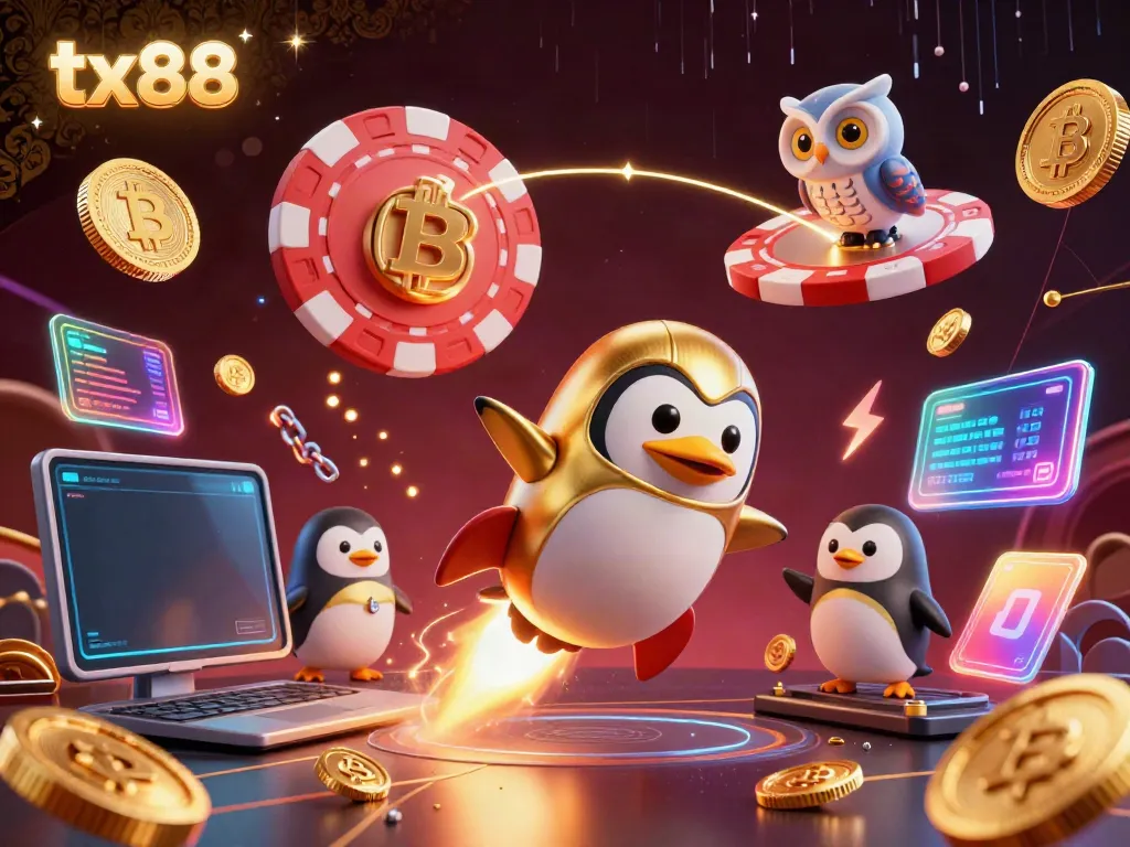 Experience gaming excitement with tx88's golden penguin and casino-themed space scene.