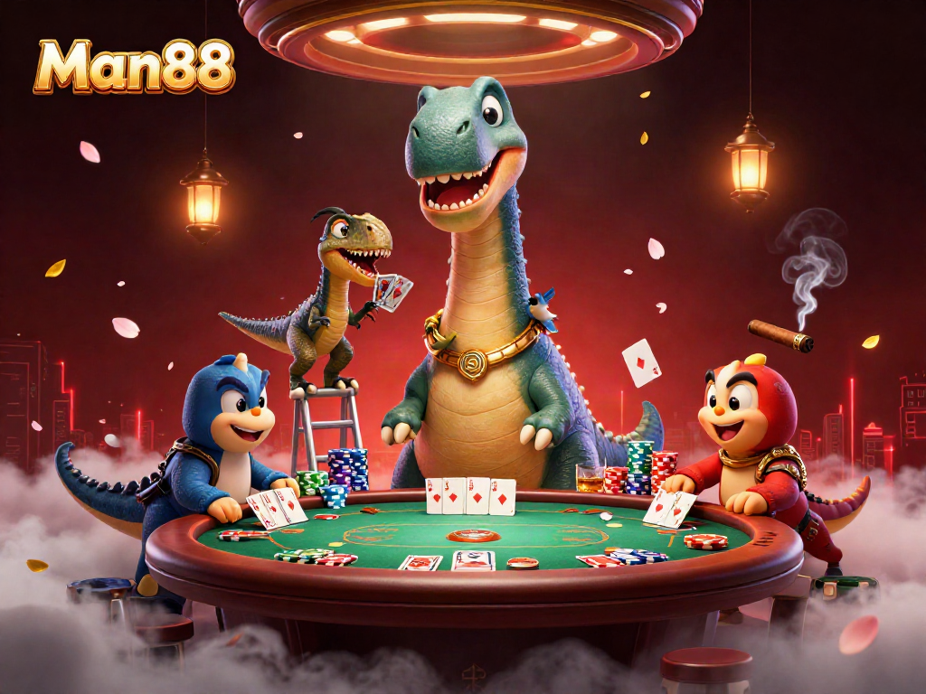 Experience the thrill of betting at Man88 with unique poker action featuring a dinosaur dealer.