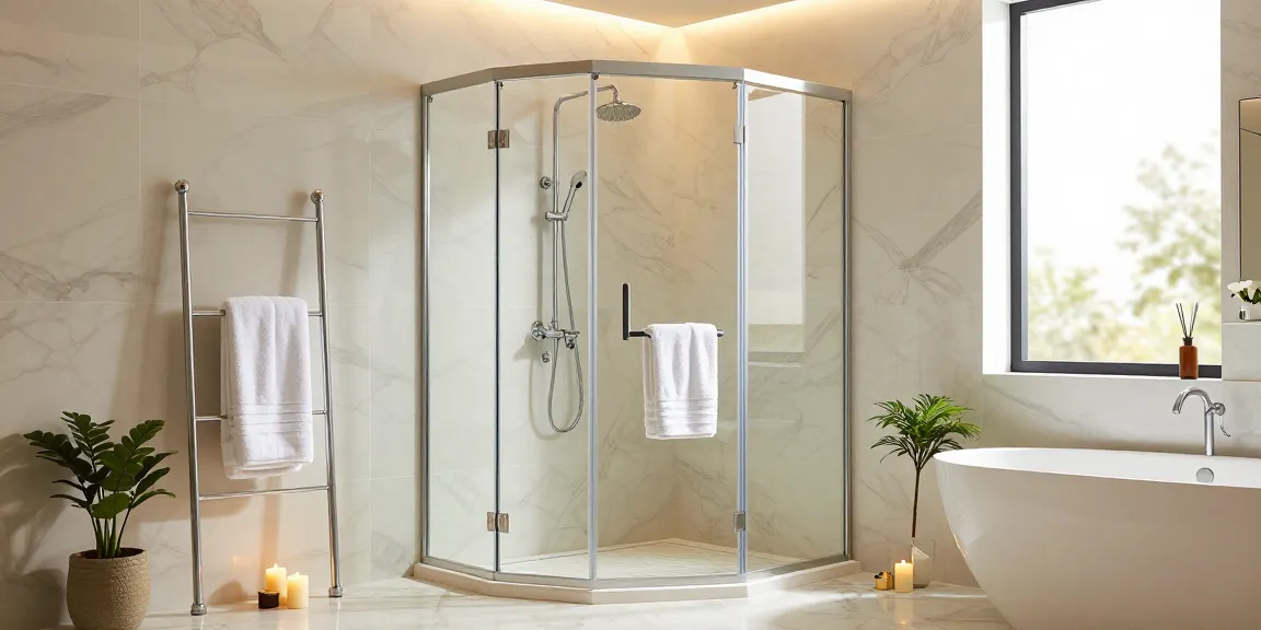 Stijlvolle vrijstaande douchecabine in een moderne luxe badkamer, met strakke designelementen en een serene sfeer.