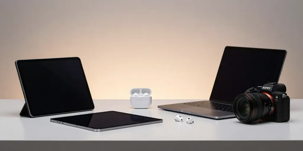 Gadgets wie Smartphones und Laptops auf einem minimalistischen Schreibtisch, umgeben von modernster Technologie.