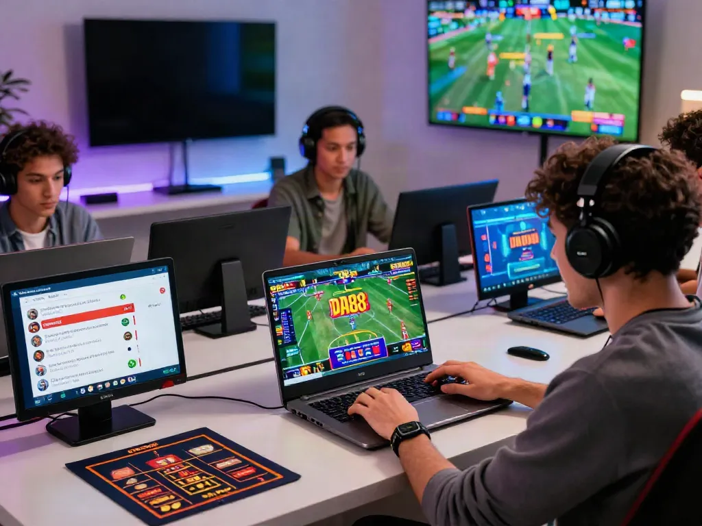 Engaging DA88 online gaming experience featuring players with laptops and sports betting elements in a modern setting.
