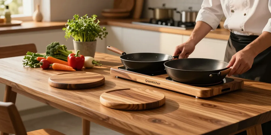 Topfuntersetzer aus Holz im eleganten Küchenambiente, ideal für heiße Pfannen.