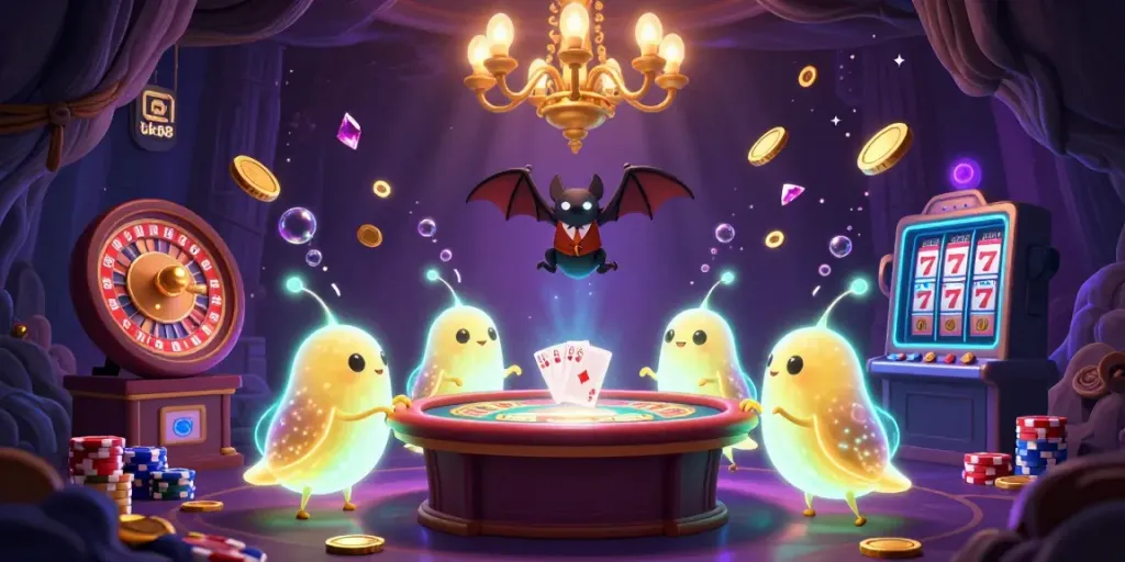Engage in the thrilling universe of uk88 with vibrant glowworms illuminating a dynamic casino scene.