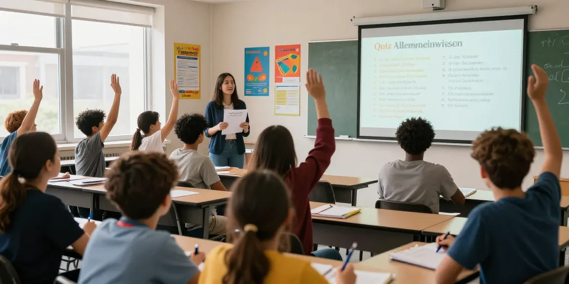 Students engaging in a lively quiz session, testing their Quiz Allgemeinwissen in a vibrant classroom setting.