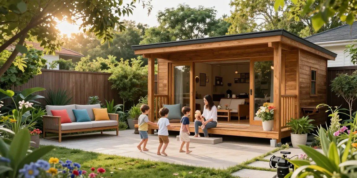 Ein stilvolles Gartenhaus Holz umgeben von einem einladenden Garten, in dem eine Familie die Sonne genießt.