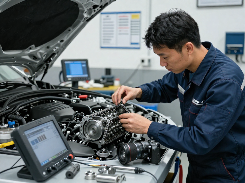 Professionelle Inspektion der BMW Steuerkette wechseln in einer modern ausgestatteten Werkstatt.