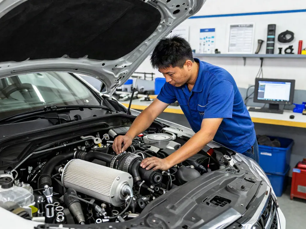 Mechaniker bei der DPF-Regeneration in einer modernen Werkstatt.