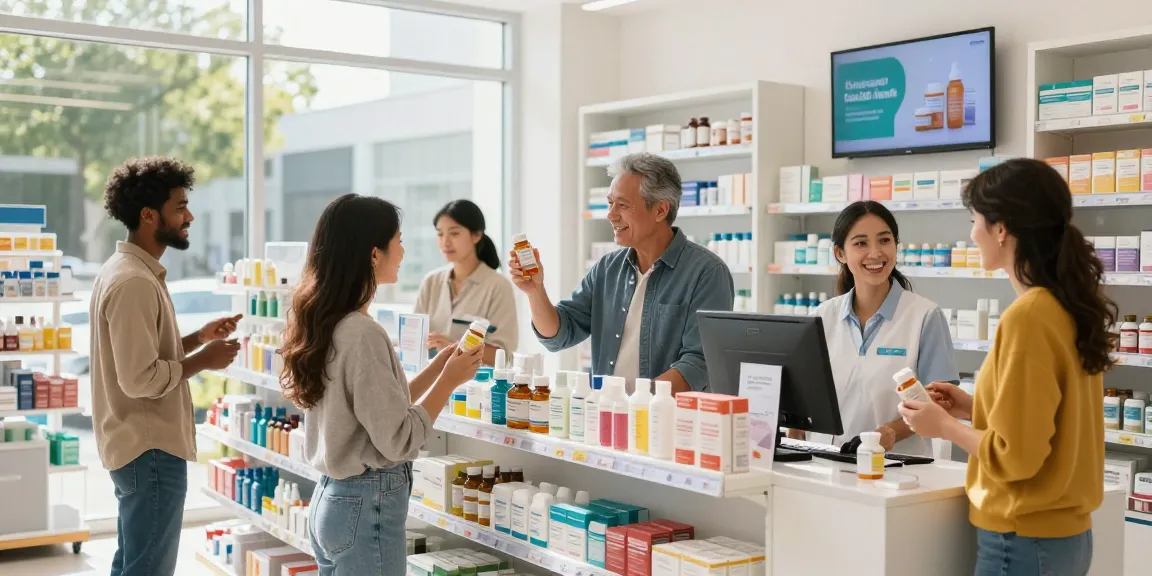 Ein Kunde erkundet den Medi Pharma Shop, der Gesundheits- und Wellnessprodukte in einer lebhaften, einladenden Atmosphäre präsentiert.