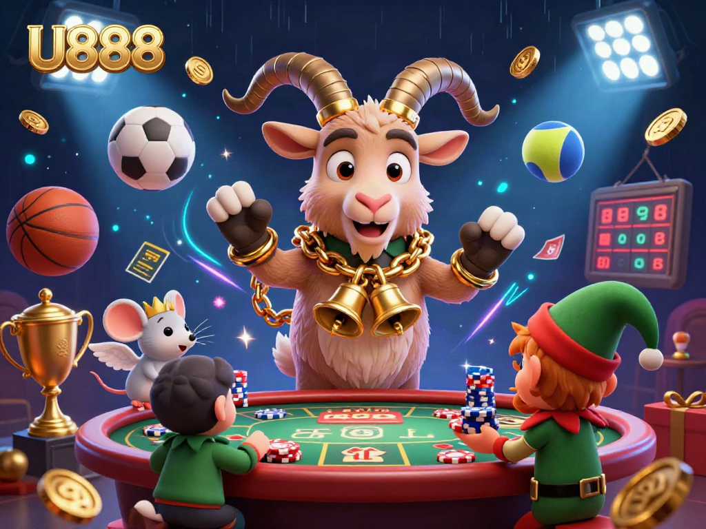 Engage in thrilling games at U888 with Krampus overseeing festive chaos inside a vibrant casino scene.