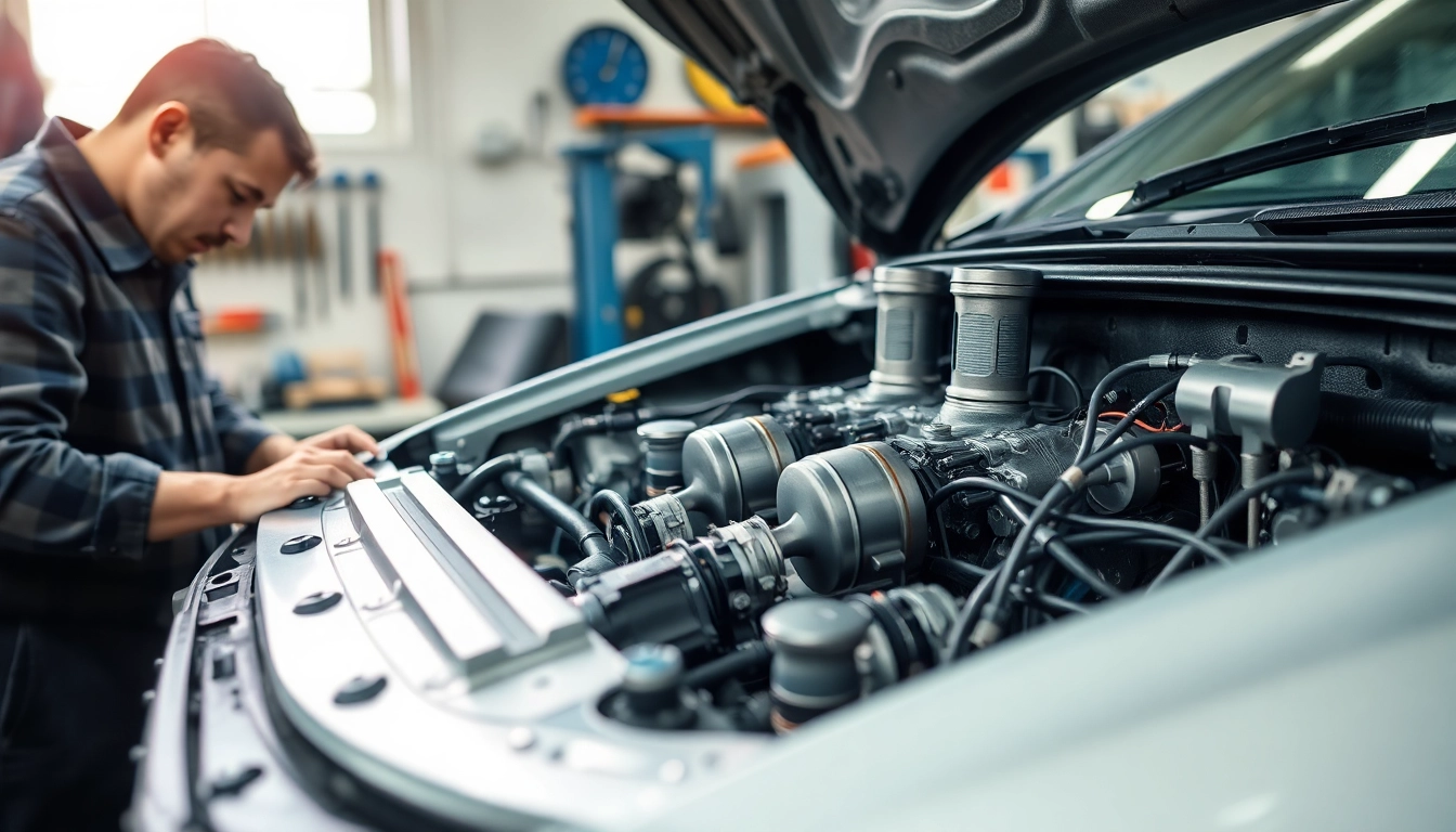 Motorschaden Ankauf: Professioneller Mechaniker prüft ein beschädigtes Fahrzeug im Werkstattumfeld.