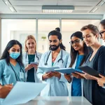 Engaged healthcare professionals discussing strategies for personalgewinnung in der pflege in a modern office setting.