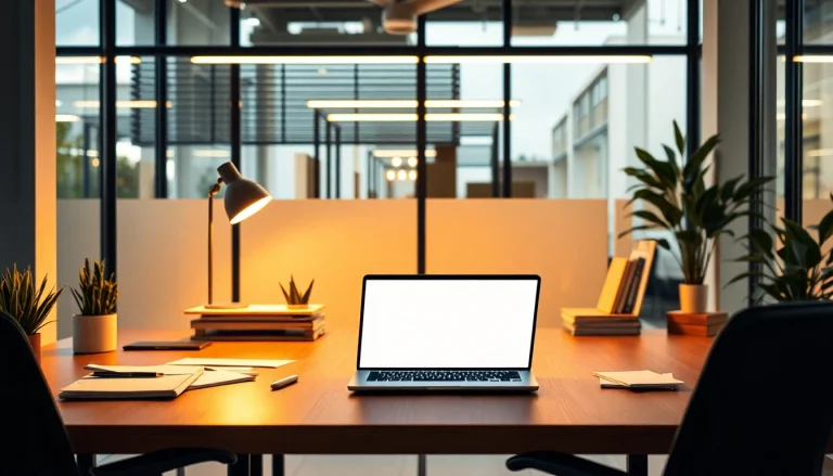 Finden Sie Stellenangebote in einem ansprechenden modernen Büro mit Bewerbungsmaterialien auf einem Laptop.