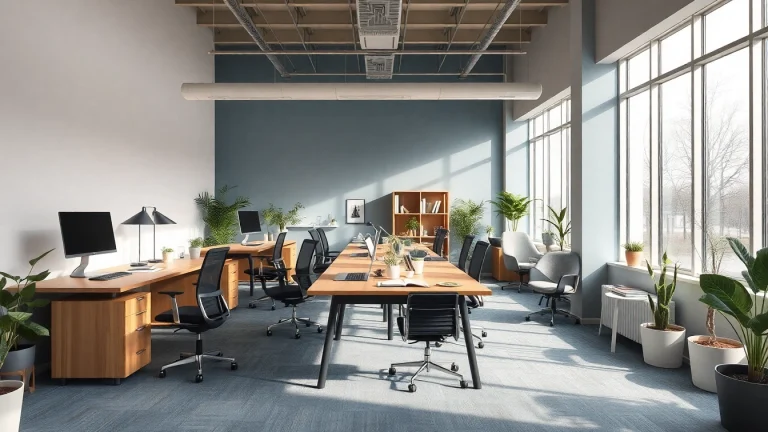 Moderne Büromöbel in einem lichtdurchfluteten Büro schaffen eine produktive Atmosphäre.