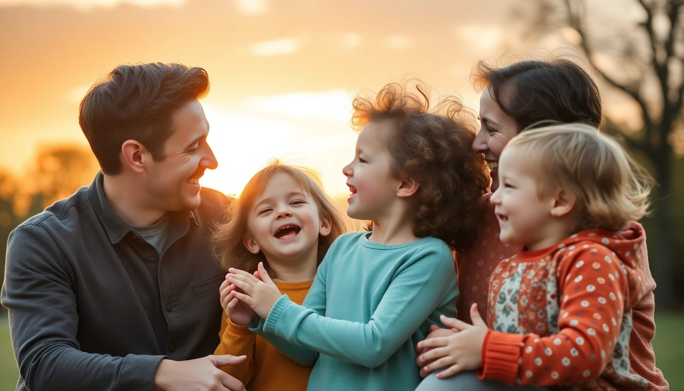 Kindererziehung: Eine glückliche Familie spielt im Park, was die Freude und das Engagement in der Erziehung widerspiegelt.