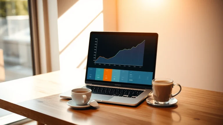 Illustration eines Laptops mit Web-Rang-Diagramm, das eine erhebliche Steigerung der Website-Rankings zeigt, umgeben von kreativem Arbeitsumfeld.