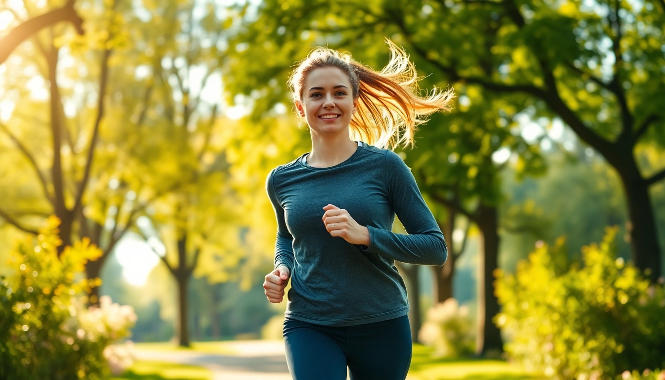 Aktive Person beim Joggen im Park, die gesunden Gewichtsverlust durch Bewegung symbolisiert.