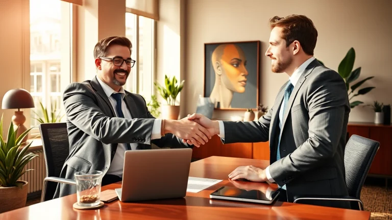 Headhunter für Sales Manager bei einem erfolgreichen Gespräch mit einem Kandidaten in stilvollem Büro.