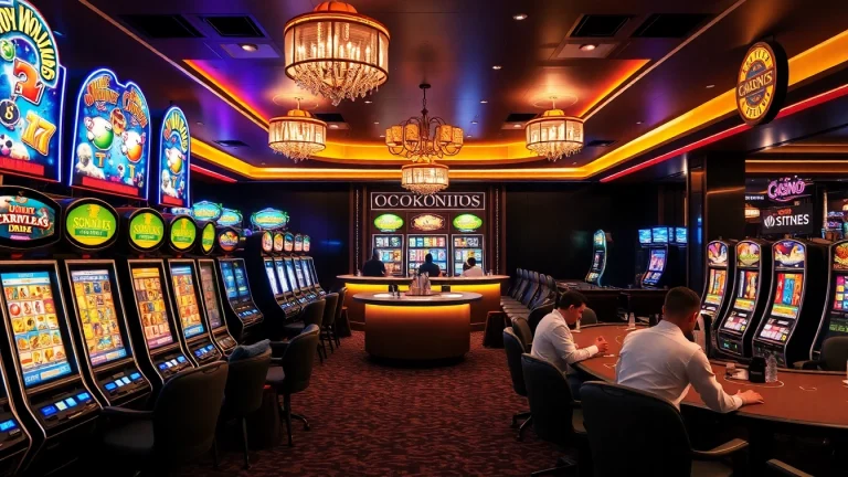Erleben Sie die aufregende Atmosphäre im Online Casino mit bunten Spielautomaten und glücklichen Spielern.