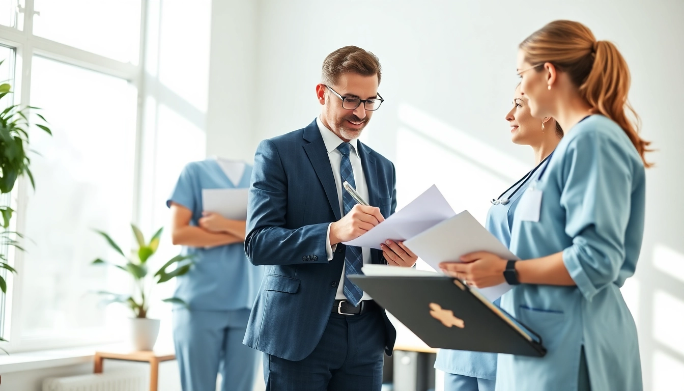 Professioneller Headhunter Pflegekräfte berät Pflegepersonal in einem modernen Büro.