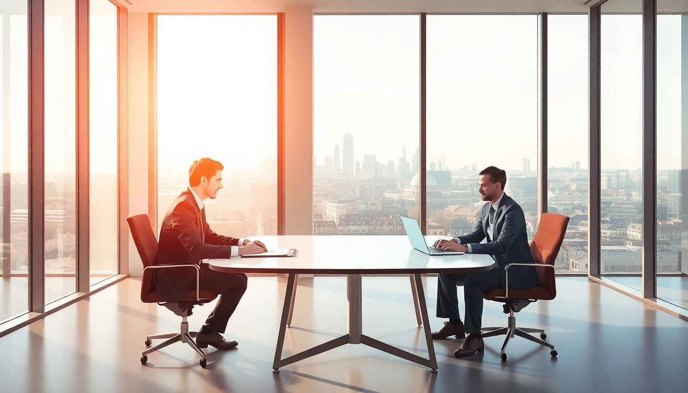 Headhunter Mühlheim trifft sich mit einem Kandidaten in modernem Büro, um erfolgreich Personal zu vermitteln.