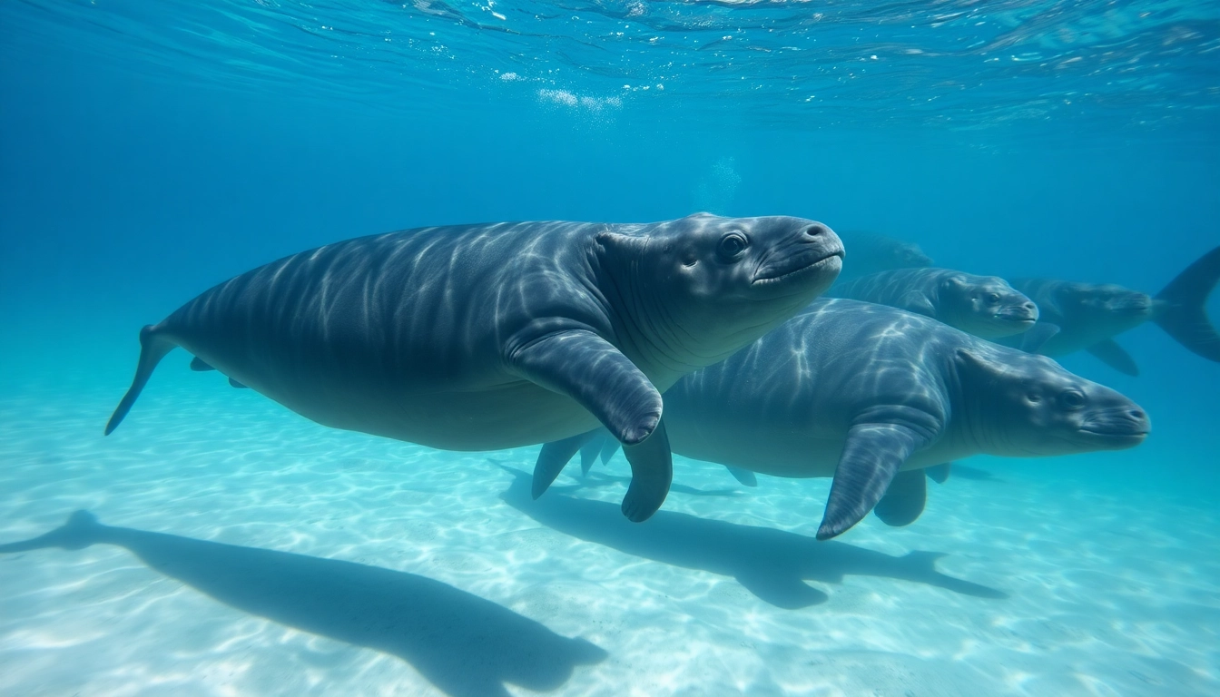 Tauchen Bullenhaie: Ein Taucher kniet im Sand, umgeben von majestätischen Bullenhaien in klarem Wasser.