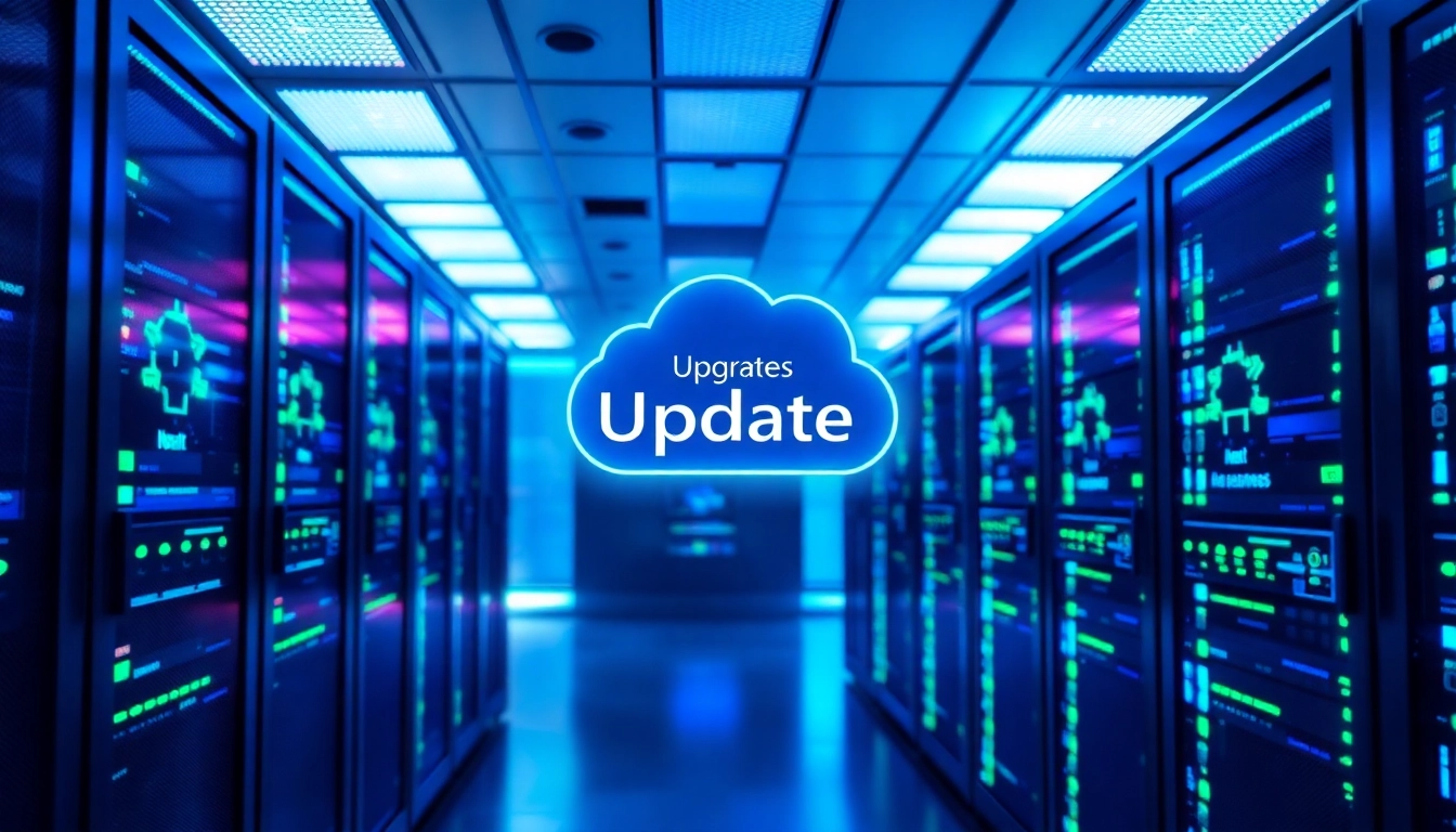 Visualisieren Sie den Windows Server 2025 Upgrade Prozess in einer modernen Serverumgebung mit LED-Displays und Fortschrittsbalken.