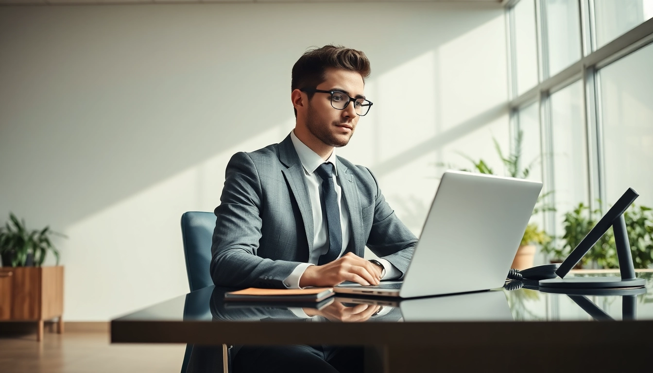 Headhunter in modernem Büro arbeitet am Laptop, während er Kandidaten auswählt.